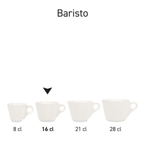 Serieoverzicht van Baristo koffie kop 16 cl., met meerdere porseleinen koppen in identieke stijl.