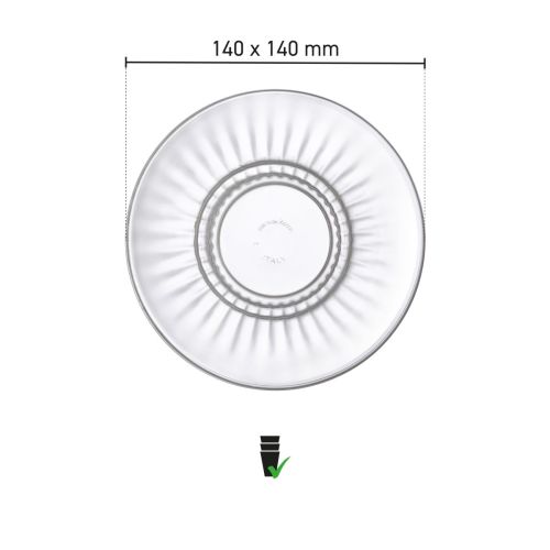 Infographic met exacte productafmetingen van Barshine thee en latte schotel 14 cm glas.