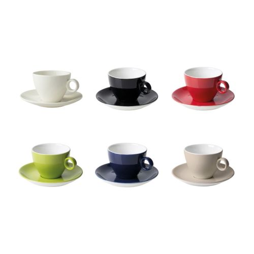 Beeld toont Bart cappuccino 23 cl SET in verschillende kleuren, opgesteld naast en onder elkaar op effen ondergrond.