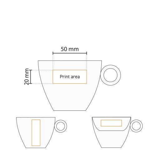 Drukgebied en logopositie op Bart Cappuccino kop 23 cl. porselein visueel weergegeven. Drukgebied en logopositie op Bart Cappuccino kop 23 cl. porselein visueel weergegeven.