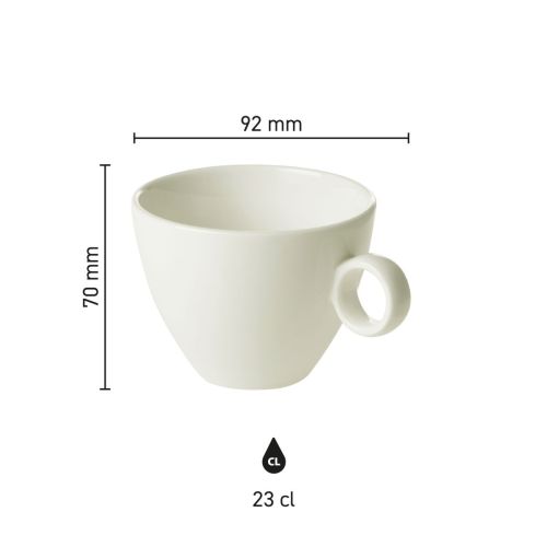 Infographic toont hoogte en diameter van Bart Cappuccino kop 23 cl. porselein in maatoverzicht. Infographic toont hoogte en diameter van Bart Cappuccino kop 23 cl. porselein in maatoverzicht.