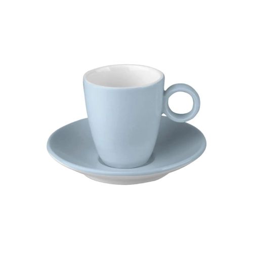 Frontaal beeld van lichtblauw-wit Bart Espresso porseleinset 6,5 cl. met gladde afwerking. Frontaal beeld van lichtblauw-wit Bart Espresso porseleinset 6,5 cl. met gladde afwerking.