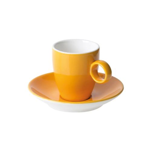 Frontaal beeld van oranje-wit Bart Espresso porseleinset 6,5 cl. met gladde afwerking. Frontaal beeld van oranje-wit Bart Espresso porseleinset 6,5 cl. met gladde afwerking.