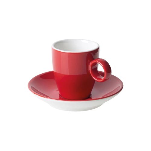 Frontaal beeld van rood-wit Bart Espresso porseleinset 6,5 cl. met gladde afwerking. Frontaal beeld van rood-wit Bart Espresso porseleinset 6,5 cl. met gladde afwerking.