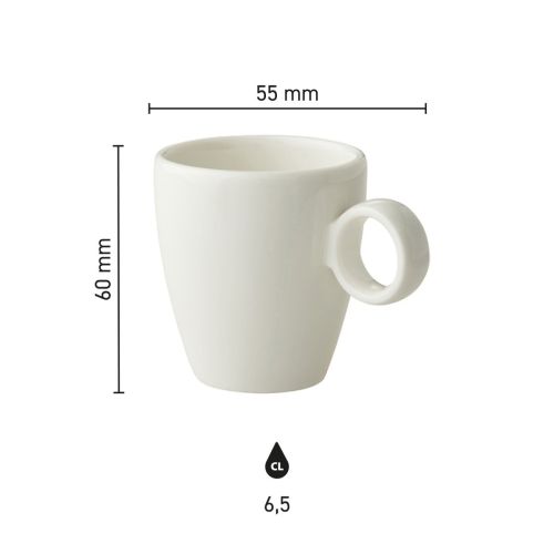 Duidelijke maatvoering van Bart Espresso kop 6,5 cl porselein weergegeven in infographic. Duidelijke maatvoering van Bart Espresso kop 6,5 cl porselein weergegeven in infographic.