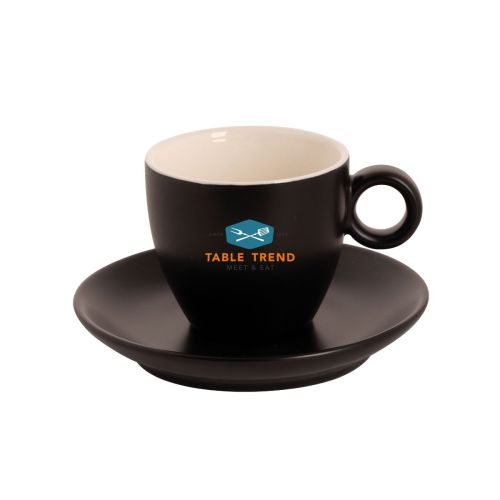Vooraanzicht van mat porseleinen koffiekopjes 17 cl met TableTrend-logo in meerdere kleuren. Vooraanzicht van mat porseleinen koffiekopjes 17 cl met TableTrend-logo in meerdere kleuren.