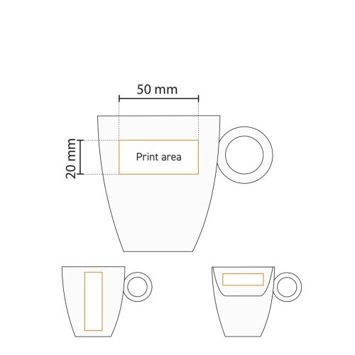 Technische werktekening van Bart Koffie kop 17 cl. toont positie en formaat van drukgebied. Technische werktekening van Bart Koffie kop 17 cl. toont positie en formaat van drukgebied.