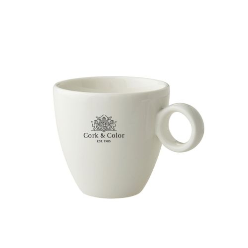 Porseleinen koffie kop 17 cl met éénkleurige bedrukking van het CorkColor-logo op de voorkant. Porseleinen koffie kop 17 cl met éénkleurige bedrukking van het CorkColor-logo op de voorkant.