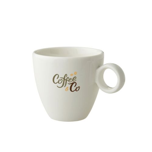 Vooraanzicht van Bart Koffie kop 17 cl bedrukt met kleurrijk CoffeeCo-logo op het gladde porselein. Vooraanzicht van Bart Koffie kop 17 cl bedrukt met kleurrijk CoffeeCo-logo op het gladde porselein.