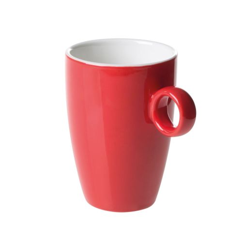 Rood-Witte Bart mok van 23 cl. van porselein in vooraanzicht, met glad oppervlak en rechte oorvorm. Rood-Witte Bart mok van 23 cl. van porselein in vooraanzicht, met glad oppervlak en rechte oorvorm.