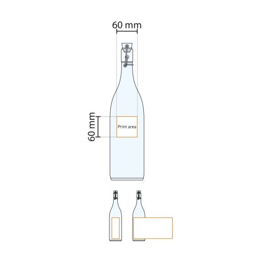 Technische werktekening toont bedrukkingsgebied op ronde glazen beugelfles Giara 1 liter. Technische werktekening toont bedrukkingsgebied op ronde glazen beugelfles Giara 1 liter.
