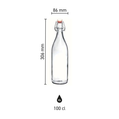 Infographic met maatvoering van ronde glazen beugelfles Giara 1 liter met beugelsluiting. Infographic met maatvoering van ronde glazen beugelfles Giara 1 liter met beugelsluiting.