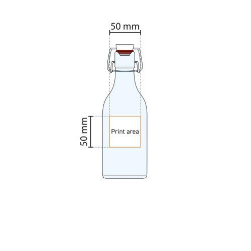 Gedetailleerde technische tekening van de Vierkant Swing beugelfles 0,5 liter met gemarkeerd drukgebied. Gedetailleerde technische tekening van de Vierkant Swing beugelfles 0,5 liter met gemarkeerd drukgebied.