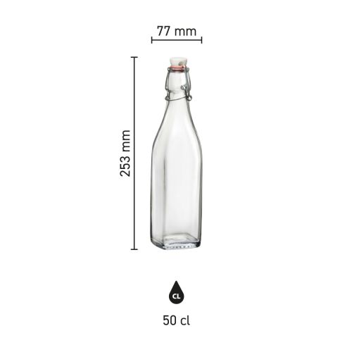 Visualisatie van de maten van de beugelfles Swing 0,5 liter van glas in een overzichtelijke infographic. Visualisatie van de maten van de beugelfles Swing 0,5 liter van glas in een overzichtelijke infographic.