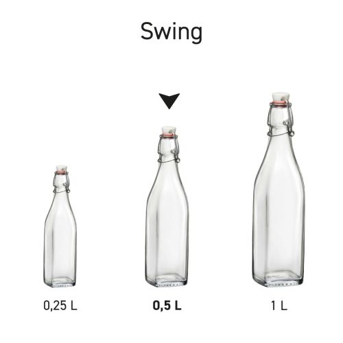 Reeks glazen Swing-flessen van 0,5 liter in serieopstelling, met identieke vorm en beugelsluiting. Reeks glazen Swing-flessen van 0,5 liter in serieopstelling, met identieke vorm en beugelsluiting.
