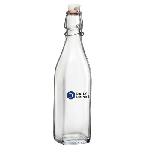 Beugelfles Swing 1 liter, vierkant model, met meerkleurig DailyDrinks-logo aan de voorkant. Beugelfles Swing 1 liter, vierkant model, met meerkleurig DailyDrinks-logo aan de voorkant.