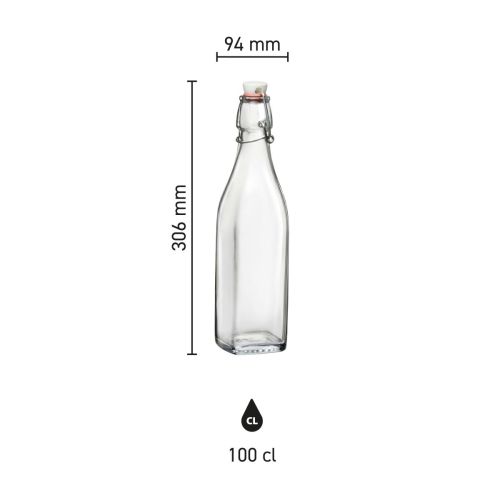Infographic toont afmetingen van vierkante Swing glasfles 1 liter met beugelsluiting. Infographic toont afmetingen van vierkante Swing glasfles 1 liter met beugelsluiting.