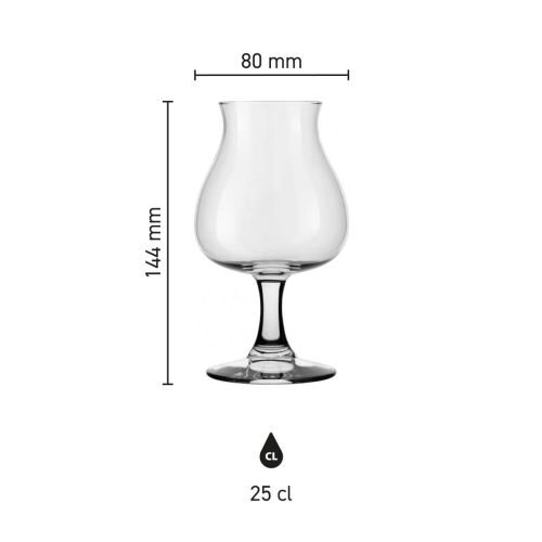 Infographic van het Bierglas Specials Tasting 25 cl met productafmetingen in hoogte en diameter. Infographic van het Bierglas Specials Tasting 25 cl met productafmetingen in hoogte en diameter.