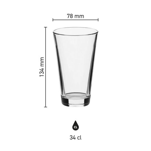 Productafmetingen van het bierglas Vaasje 34 cl. weergegeven in een technische infographic. Productafmetingen van het bierglas Vaasje 34 cl. weergegeven in een technische infographic.