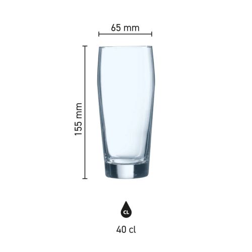 Maatvoering van het bierglas Willy 40 cl. weergegeven in een infographic met schaalverdeling. Maatvoering van het bierglas Willy 40 cl. weergegeven in een infographic met schaalverdeling.