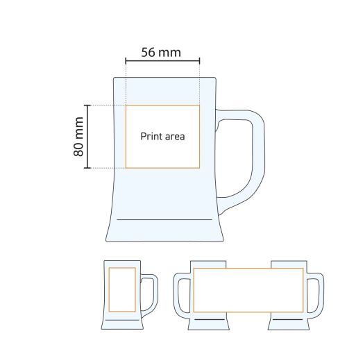 Technische werktekening van bierpul Maxim 68 cl., met aanduiding van drukgebied voor bedrukking. Technische werktekening van bierpul Maxim 68 cl., met aanduiding van drukgebied voor bedrukking.