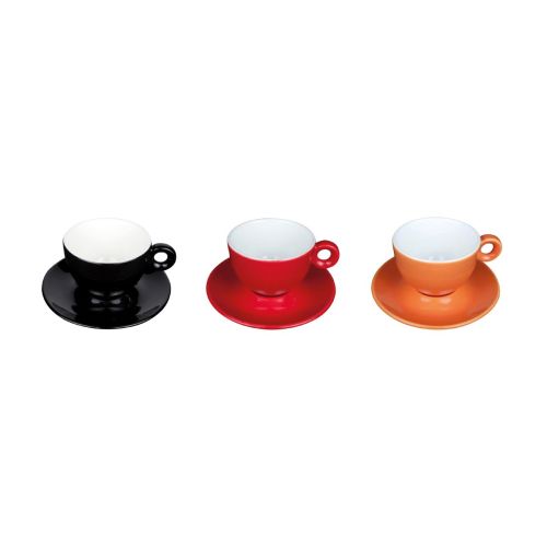 Kleuroverzicht van Bola cappuccinoset 20 cl. in porselein, diverse kleurvarianten naast elkaar. Kleuroverzicht van Bola cappuccinoset 20 cl. in porselein, diverse kleurvarianten naast elkaar.
