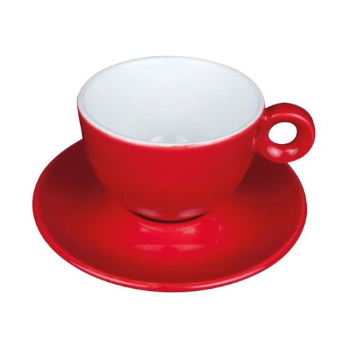 Vooraanzicht van Bola cappuccino rood-wit 20 cl. set van porselein, met afgeronde vorm. Vooraanzicht van Bola cappuccino rood-wit 20 cl. set van porselein, met afgeronde vorm.