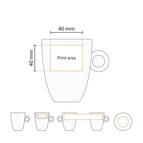Drukgebied van Bola Cappuccino kop hoog wit 25 cl. porselein zichtbaar in werktekening.