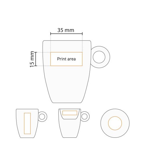 Technische werktekening met drukgebied voor bedrukking op de Bola espresso 9 cl. set. Technische werktekening met drukgebied voor bedrukking op de Bola espresso 9 cl. set.