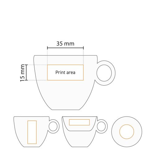Drukgebied van Bola Espresso kop 9 cl. porselein weergegeven in werktekening voor bedrukking. Drukgebied van Bola Espresso kop 9 cl. porselein weergegeven in werktekening voor bedrukking.