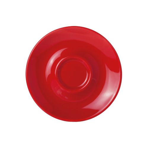Frontale weergave van rode Bola espressoschotel 12,5 cm in porselein met gladde afwerking.