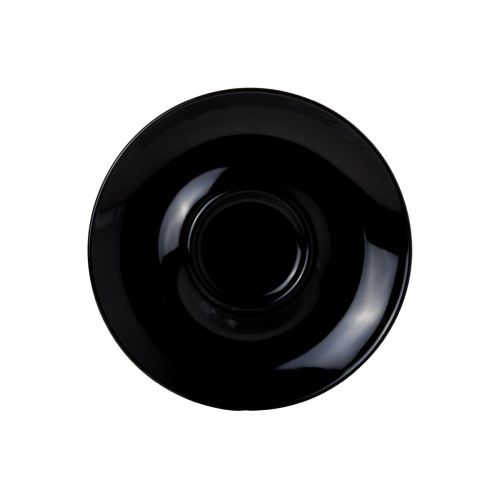 Frontale weergave van zwarte Bola espressoschotel 12,5 cm in porselein met gladde afwerking.