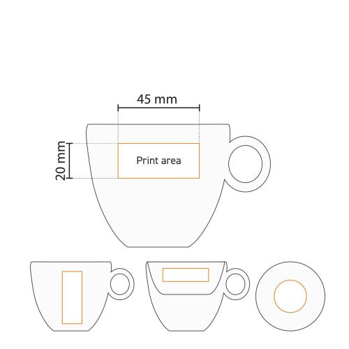 Technische werktekening met drukgebied op Bola koffiekopje 15 cl. van porselein. Technische werktekening met drukgebied op Bola koffiekopje 15 cl. van porselein.