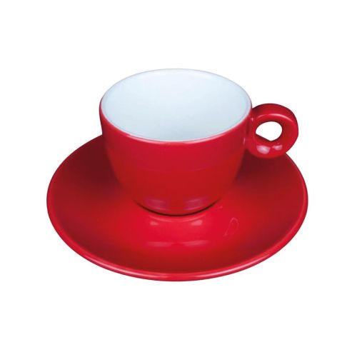 Vooraanzicht van Bola koffie 15 cl. set in rood-wit porselein, met bolle vorm en glad oppervlak. Vooraanzicht van Bola koffie 15 cl. set in rood-wit porselein, met bolle vorm en glad oppervlak.