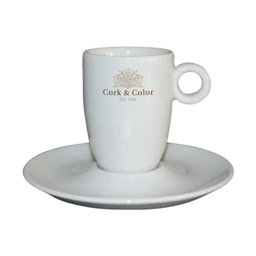 Voorzijde van hoog koffiekopje 19 cl. bedrukt met meerkleurig CorkColor-logo. Voorzijde van hoog koffiekopje 19 cl. bedrukt met meerkleurig CorkColor-logo.