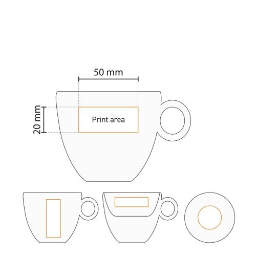 Drukgebied en bedrukkingsposities weergegeven op werktekening van Bola koffiekop 15 cl. Drukgebied en bedrukkingsposities weergegeven op werktekening van Bola koffiekop 15 cl.