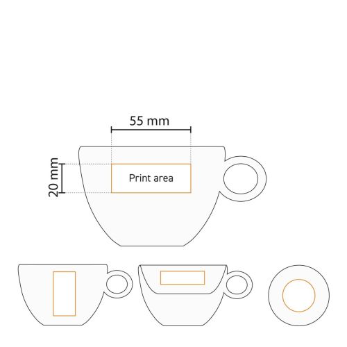 Technische werktekening met drukgebied voor bedrukking op Bola koffie verkeerd wit 28 cl. in porseleinen set Technische werktekening met drukgebied voor bedrukking op Bola koffie verkeerd wit 28 cl. in porseleinen set
