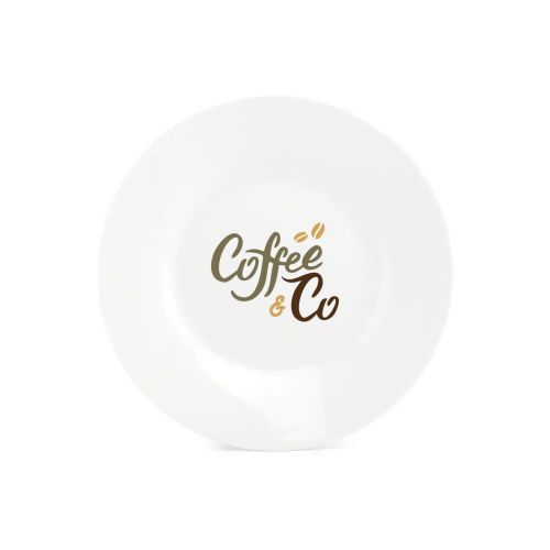 Porseleinen bord Basic 15 cm met meerkleurig CoffeeCo-logo zichtbaar op het voorvlak. Porseleinen bord Basic 15 cm met meerkleurig CoffeeCo-logo zichtbaar op het voorvlak.