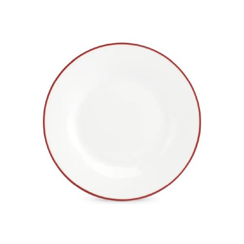 Rond bord van wit porselein met rode rand uit de Basic lijn, 15 cm doorsnee, recht van voren weergegeven. Rond bord van wit porselein met rode rand uit de Basic lijn, 15 cm doorsnee, recht van voren weergegeven.