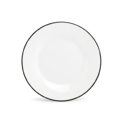 Rond bord van wit porselein met zwarte rand uit de Basic lijn, 15 cm doorsnee, recht van voren weergegeven. Rond bord van wit porselein met zwarte rand uit de Basic lijn, 15 cm doorsnee, recht van voren weergegeven.