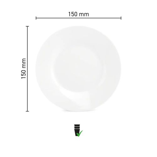Infographic toont de diameter en randhoogte van het porseleinen bord Basic 15 cm. Infographic toont de diameter en randhoogte van het porseleinen bord Basic 15 cm.