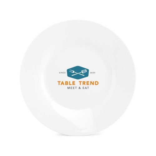 Porseleinen bord Basic 20 cm voorzien van meerkleurig TableTrend-logo op het voorvlak. Porseleinen bord Basic 20 cm voorzien van meerkleurig TableTrend-logo op het voorvlak.
