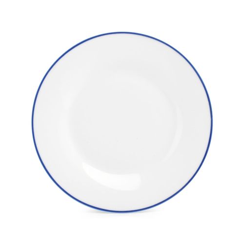 Basic lijn bord van wit porselein met blauwe rand en 20 cm diameter, zichtbaar in frontaal aanzicht. Basic lijn bord van wit porselein met blauwe rand en 20 cm diameter, zichtbaar in frontaal aanzicht.