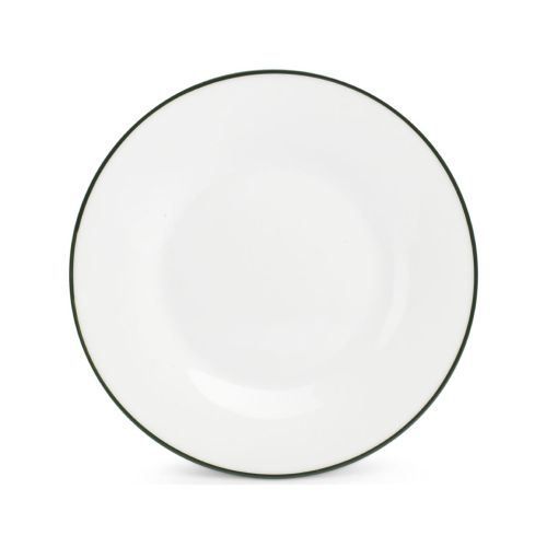 Basic lijn bord van wit porselein met groene rand en 20 cm diameter, zichtbaar in frontaal aanzicht. Basic lijn bord van wit porselein met groene rand en 20 cm diameter, zichtbaar in frontaal aanzicht.