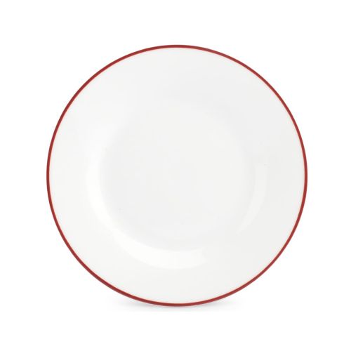 Basic lijn bord van wit porselein met rode rand en 20 cm diameter, zichtbaar in frontaal aanzicht. Basic lijn bord van wit porselein met rode rand en 20 cm diameter, zichtbaar in frontaal aanzicht.