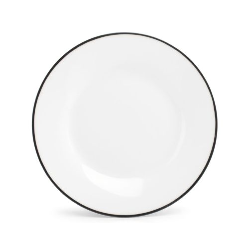 Basic lijn bord van wit porselein met zwarte rand en 20 cm diameter, zichtbaar in frontaal aanzicht. Basic lijn bord van wit porselein met zwarte rand en 20 cm diameter, zichtbaar in frontaal aanzicht.