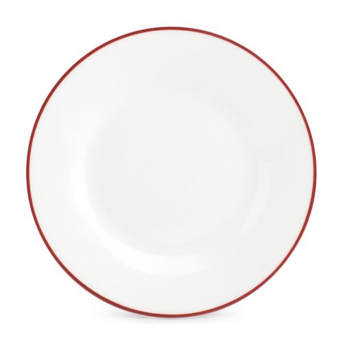 Vooraanzicht van een wit porseleinen bord 24 cm met rode rand uit de Basic-lijn, met glad oppervlak. Vooraanzicht van een wit porseleinen bord 24 cm met rode rand uit de Basic-lijn, met glad oppervlak.