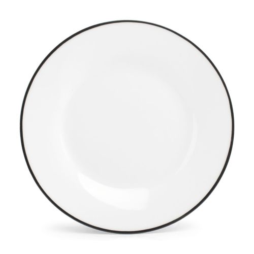 Vooraanzicht van een wit porseleinen bord 24 cm met zwarte rand uit de Basic-lijn, met glad oppervlak. Vooraanzicht van een wit porseleinen bord 24 cm met zwarte rand uit de Basic-lijn, met glad oppervlak.