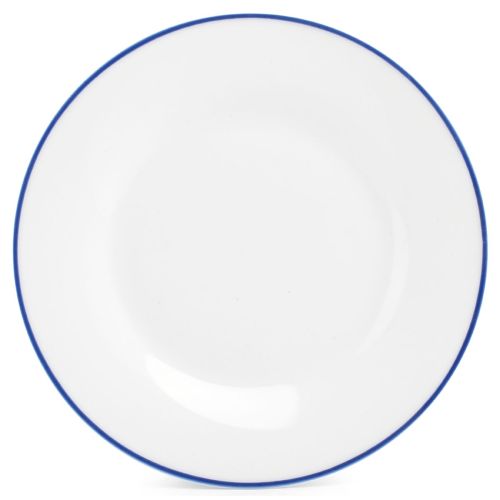 Rond porseleinen bord van 27 cm uit de Basic lijn met blauwe rand, wit en symmetrisch van voren gezien. Rond porseleinen bord van 27 cm uit de Basic lijn met blauwe rand, wit en symmetrisch van voren gezien.