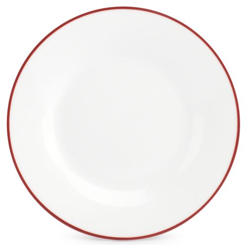 Rond porseleinen bord van 27 cm uit de Basic lijn met rode rand, wit en symmetrisch van voren gezien. Rond porseleinen bord van 27 cm uit de Basic lijn met rode rand, wit en symmetrisch van voren gezien.